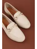 Gondol Kadın Hakiki Deri Günlük Tokalı Babet Loafer Ayakkabı hl.24217 Krem