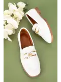 Gondol Hakiki Deri Kadın Köşeli Burun Loafer esl.b06 Beyaz