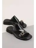 Gondol Kadın Hakiki Deri Tokalı Ev Terliği msa.47102 Siyah Croco