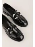 Gondol Kadın Hakiki Deri Tokalı Loafer Ayakkabı crm.181 Siyah Croco