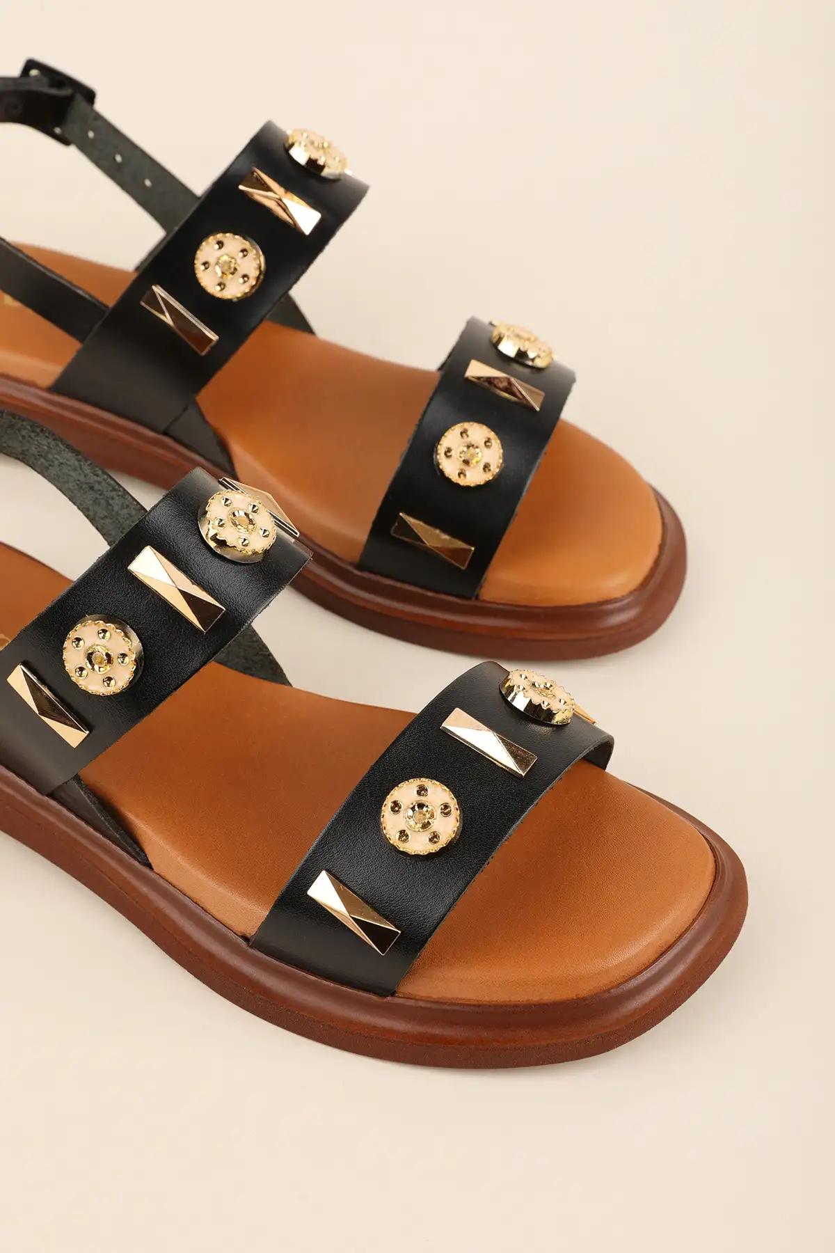 Gondol Hakiki Deri Vaketa Tarzı Günlük Sandalet crm.252 Siyah