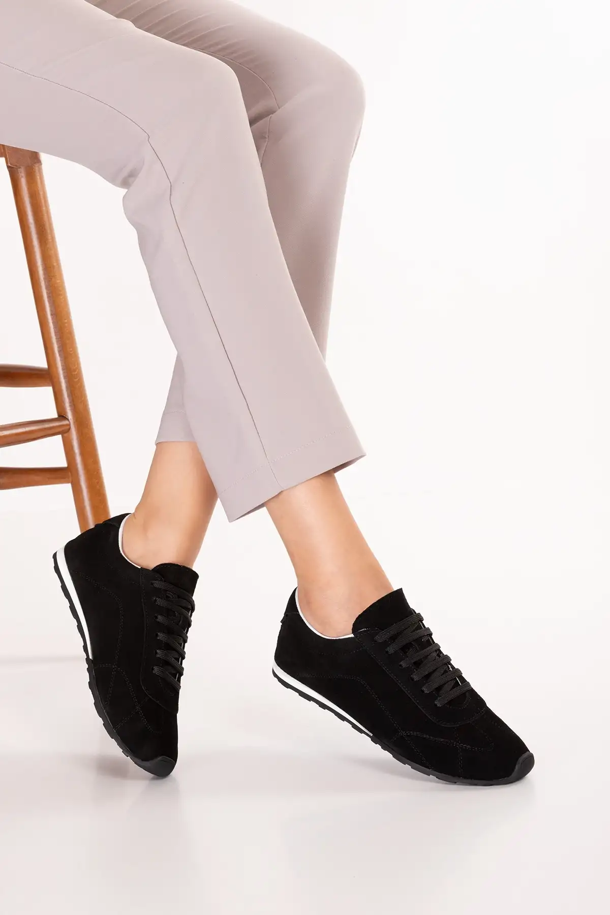 Gondol Kadın Hakiki Deri Süet Günlük Rahat Sneaker als.100 Siyah Süet