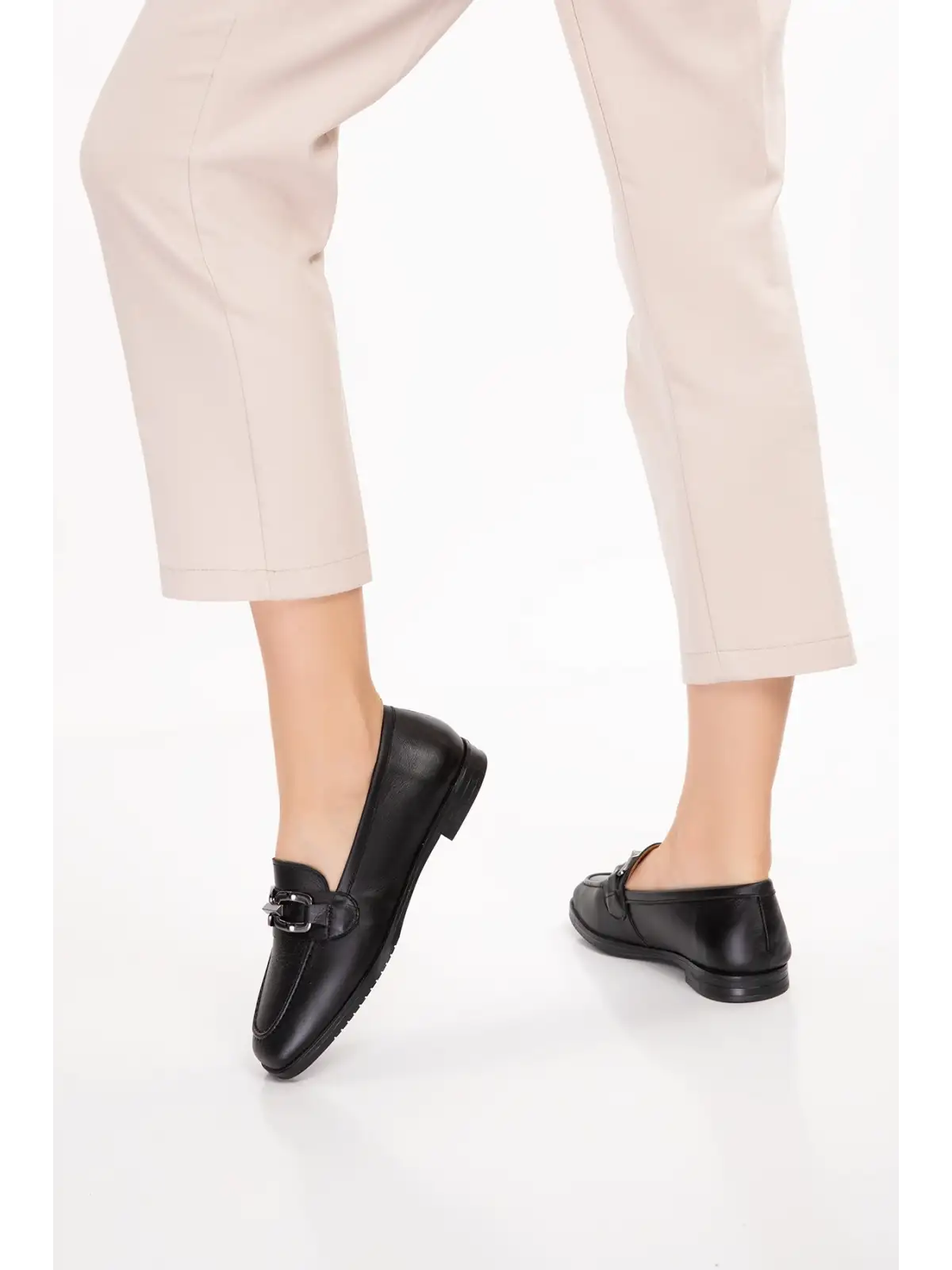 Gondol Hakiki Deri Kadın Köşeli Burun Loafer esl.b06 Siyah
