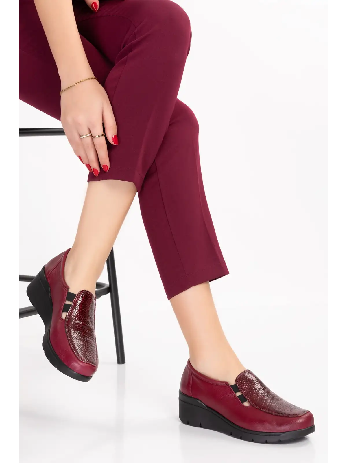 Gondol Hakiki Deri Dolgu Taban Rahat Günlük Ayakkabı esfa.4002 Bordo Croco