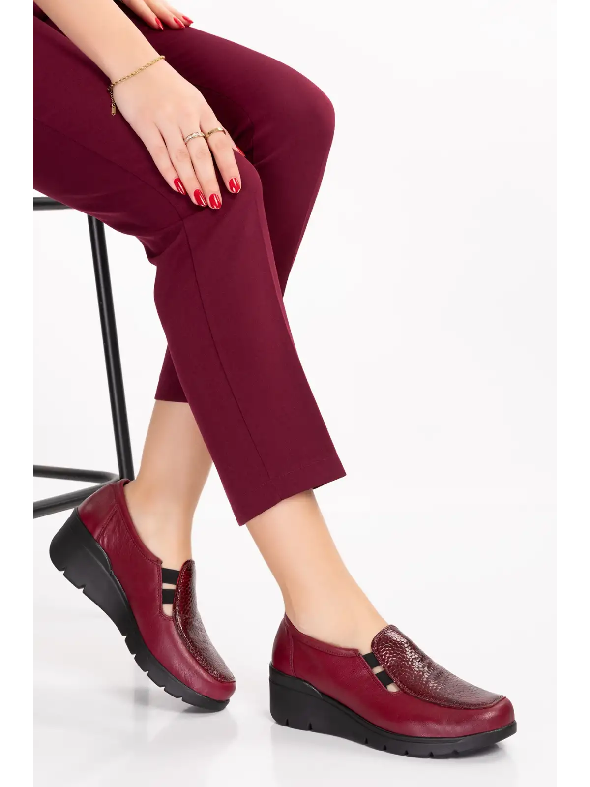 Gondol Hakiki Deri Dolgu Taban Rahat Günlük Ayakkabı esfa.4002 Bordo Croco