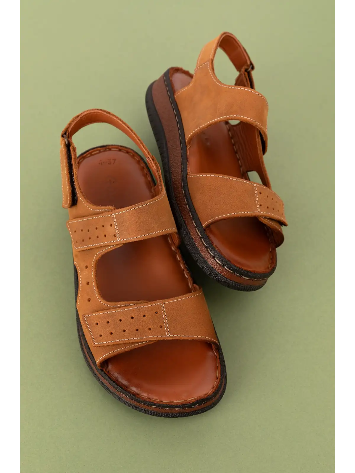 Gondol Unisex Hakiki Deri Cırtlı Ayarlanabilir Rahat Sandalet hkm.31 Taba