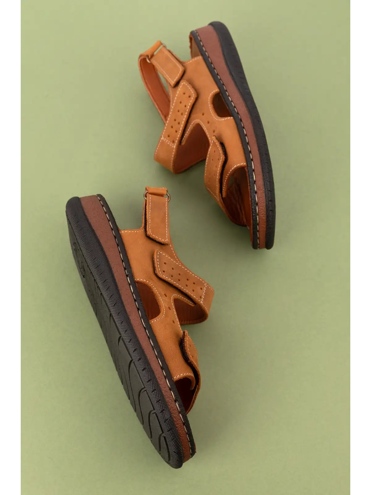 Gondol Unisex Hakiki Deri Cırtlı Ayarlanabilir Rahat Sandalet hkm.31 Taba