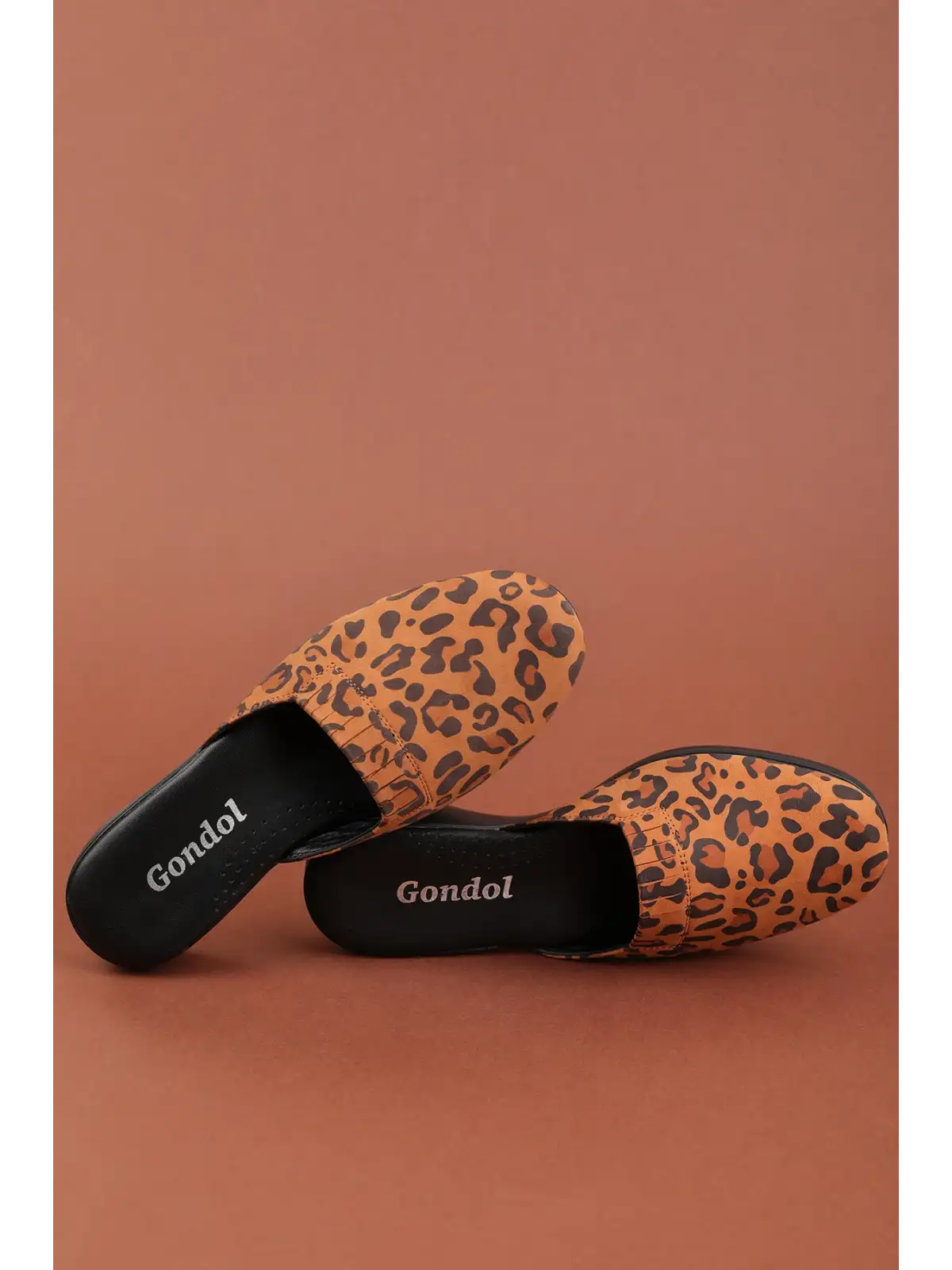 Gondol Kadın İçi Dışı Hakiki Deri Şık Ev Terliği Özl.960 Taba Leopar