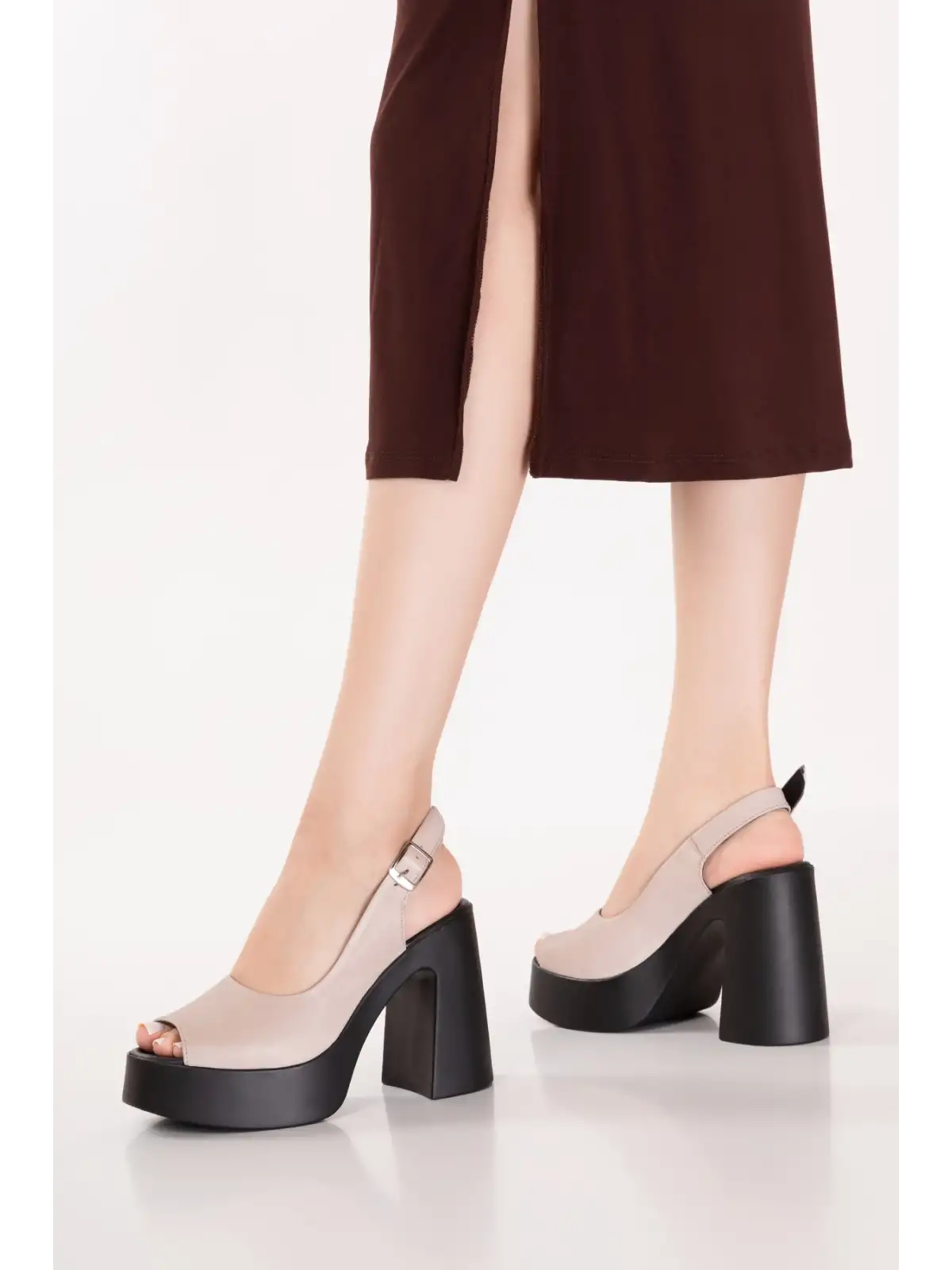 Gondol Hakiki Deri Platform Taban Topuklu Sandalet pkr.66005 Buz Gri