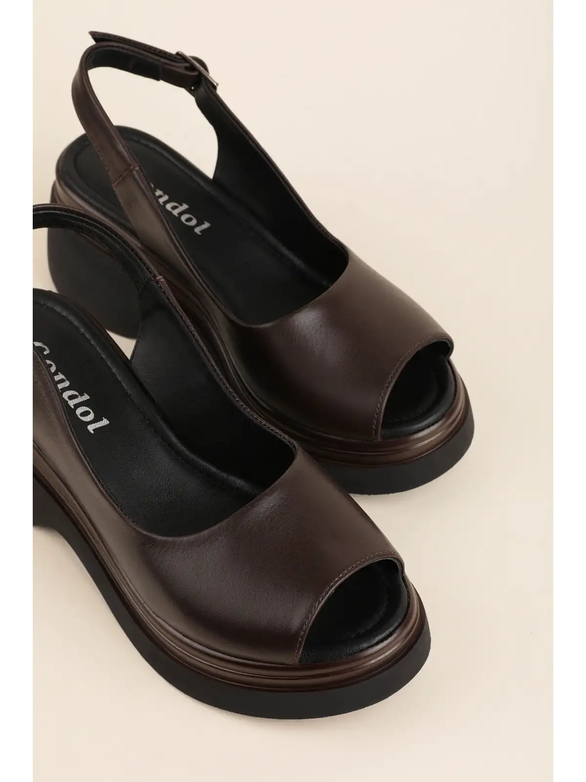 Gondol Hakiki Deri Platform Taban Sandalet pkr.64003 Kahverengi