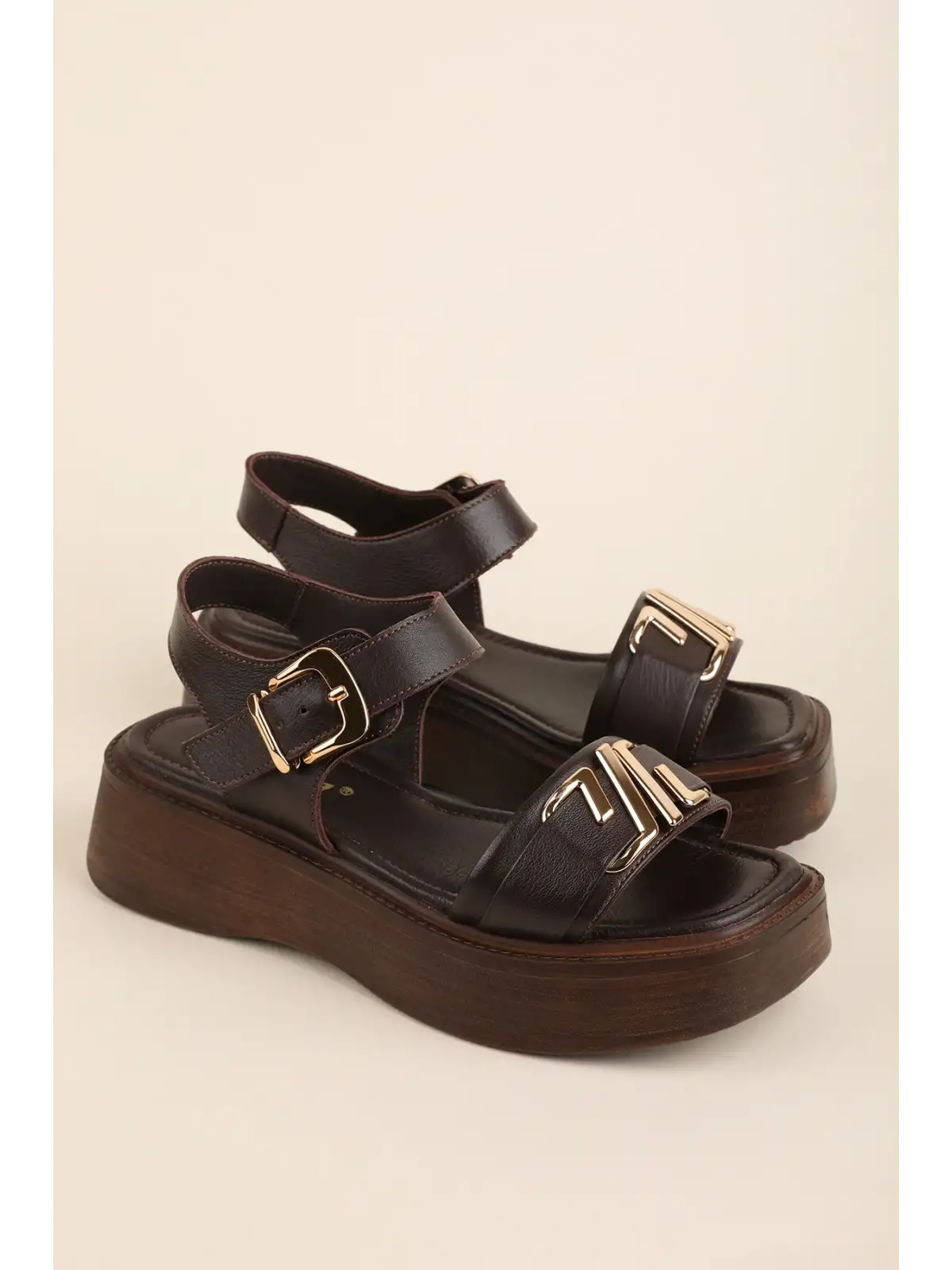Gondol Hakiki Deri Platform Taban Sandalet pkr.2401 Kahverengi