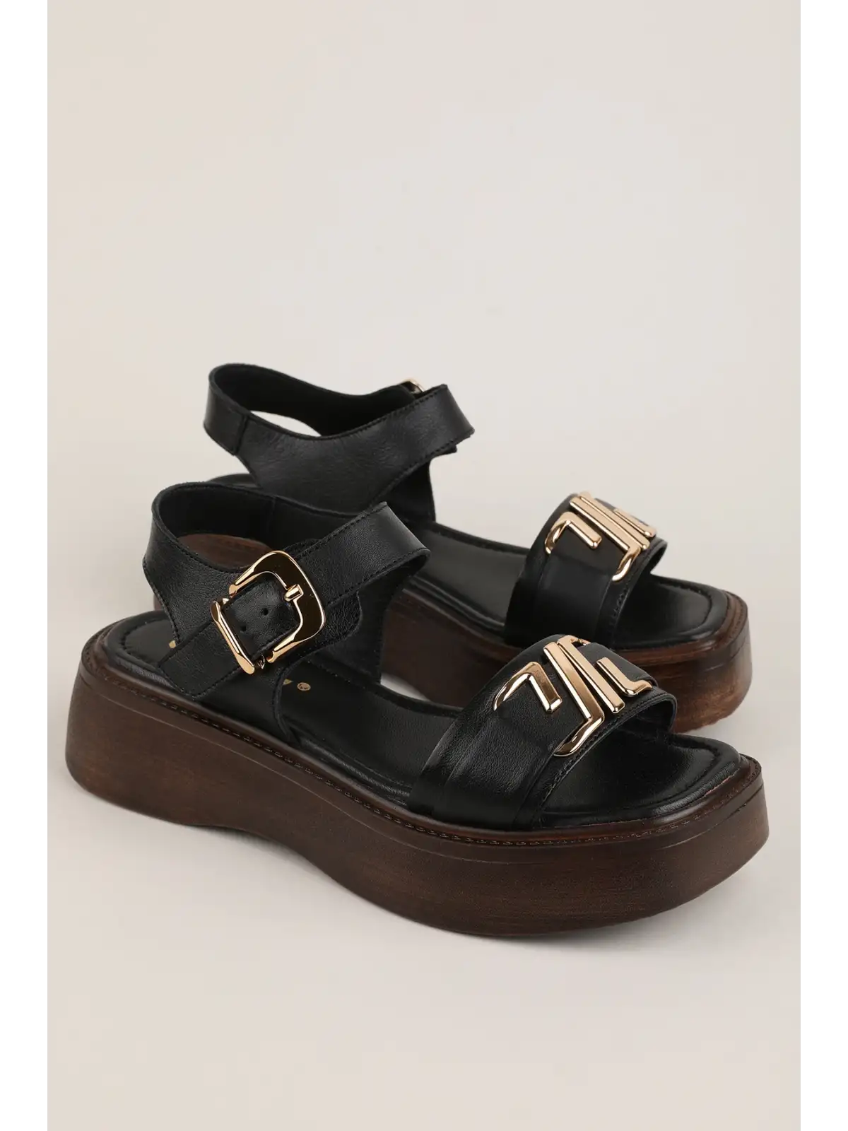 Gondol Hakiki Deri Platform Taban Sandalet pkr.2401 Siyah