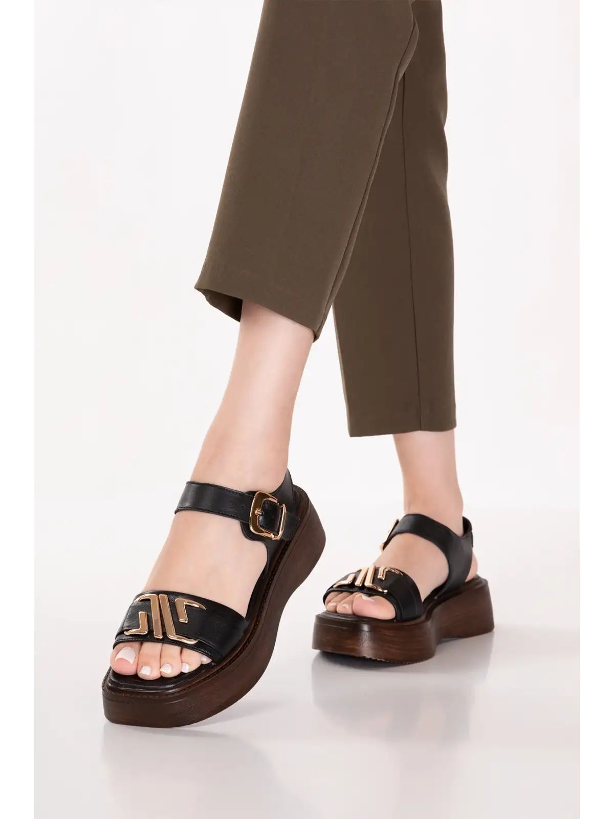 Gondol Hakiki Deri Platform Taban Sandalet pkr.2401 Siyah
