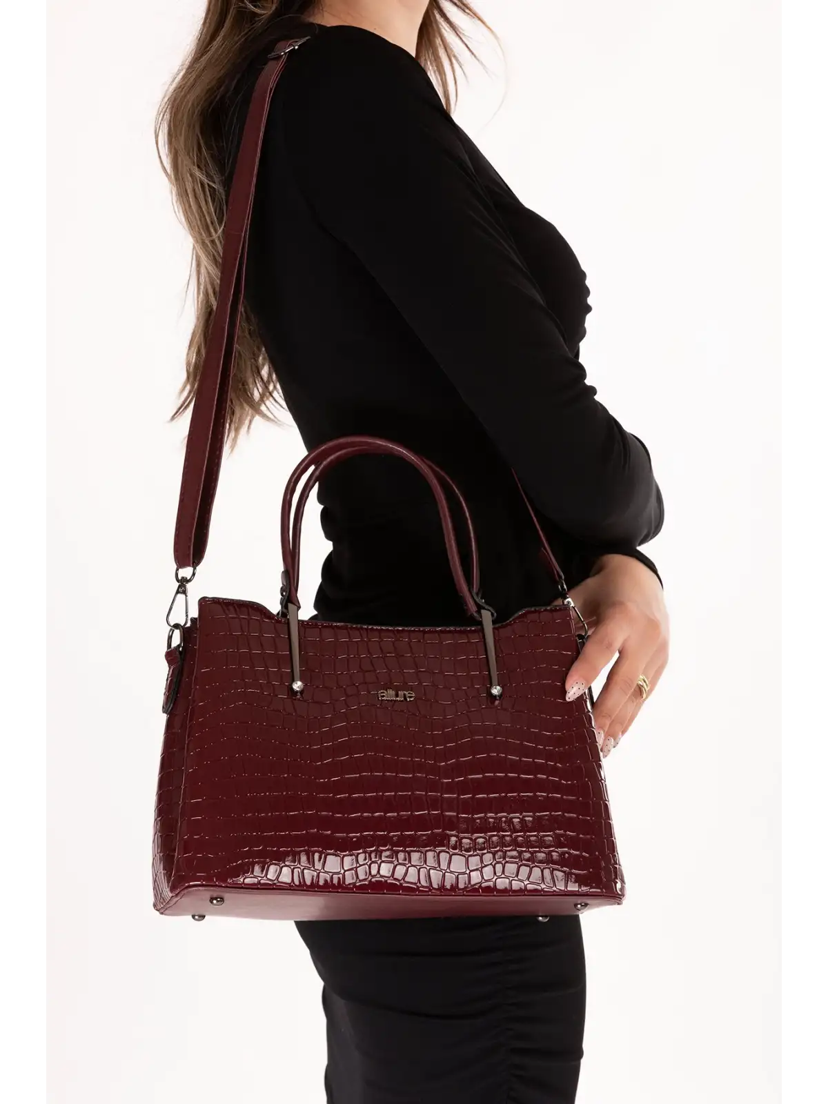 Gondol Kadın Çift Bölmeli El ve Omuz Çantası ald.3876 Bordo Croco