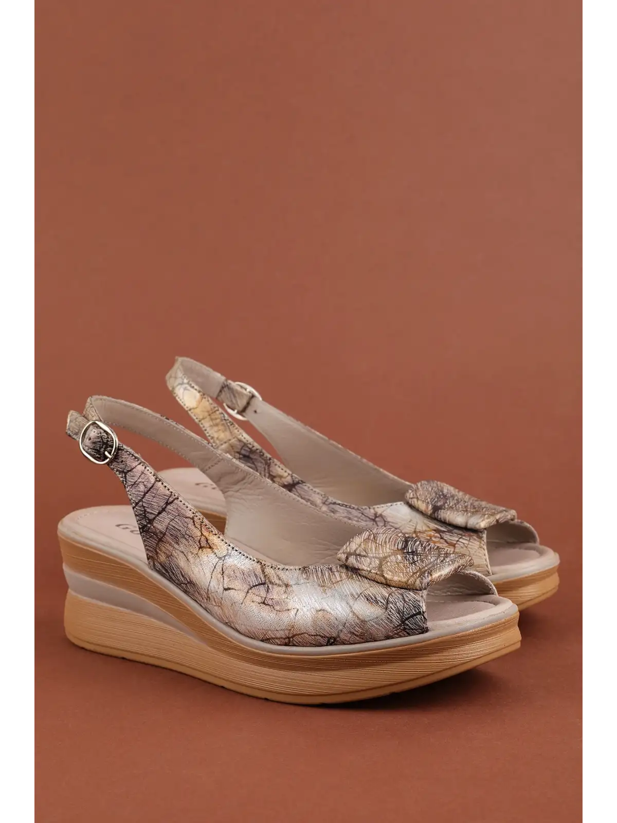Gondol Hakiki Deri Platform Taban Sandalet pkr.1802 Vizon Desen