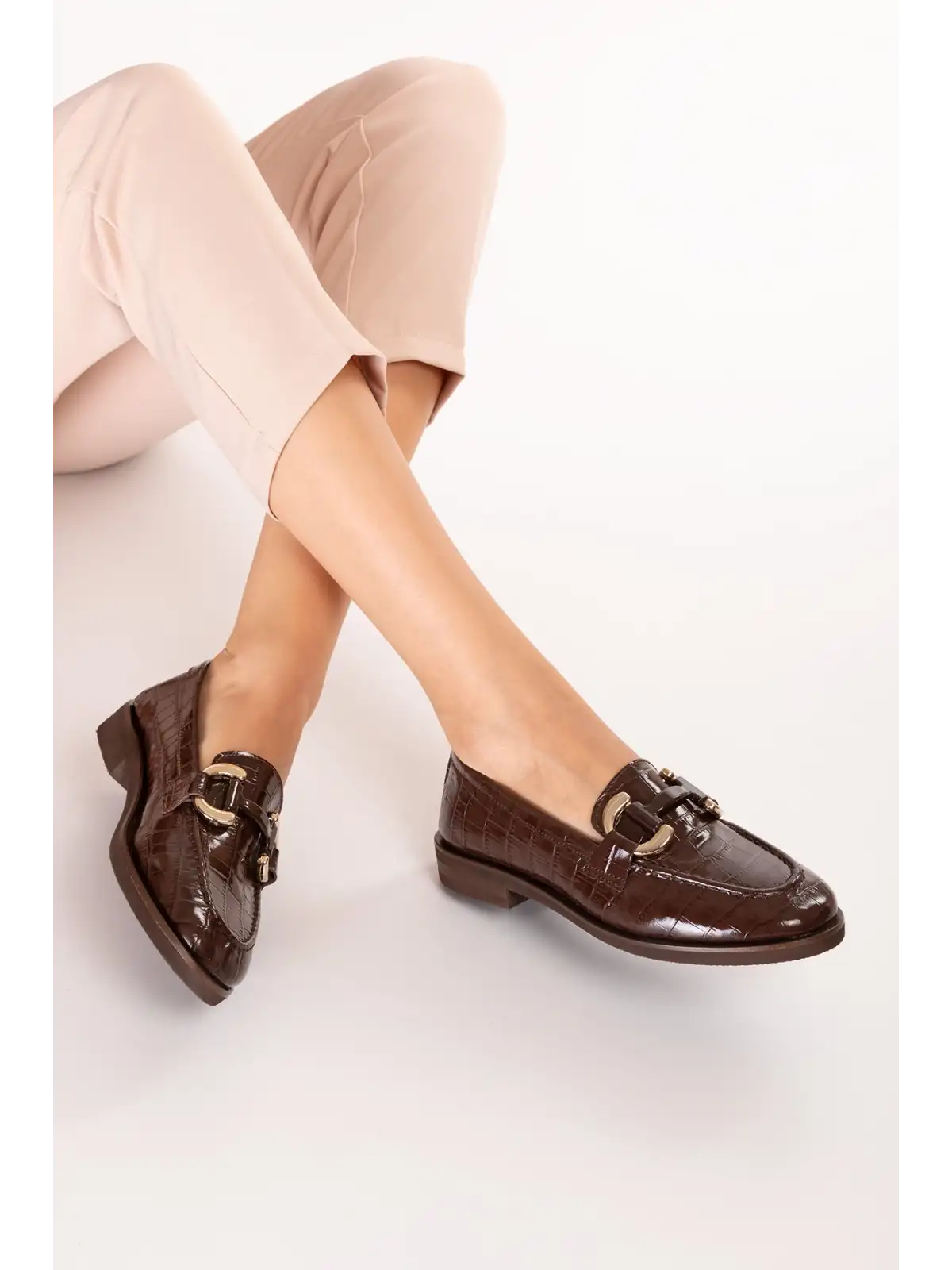 Gondol Kadın Hakiki Deri Tokalı Loafer Ayakkabı crm.181 Kahve Croco