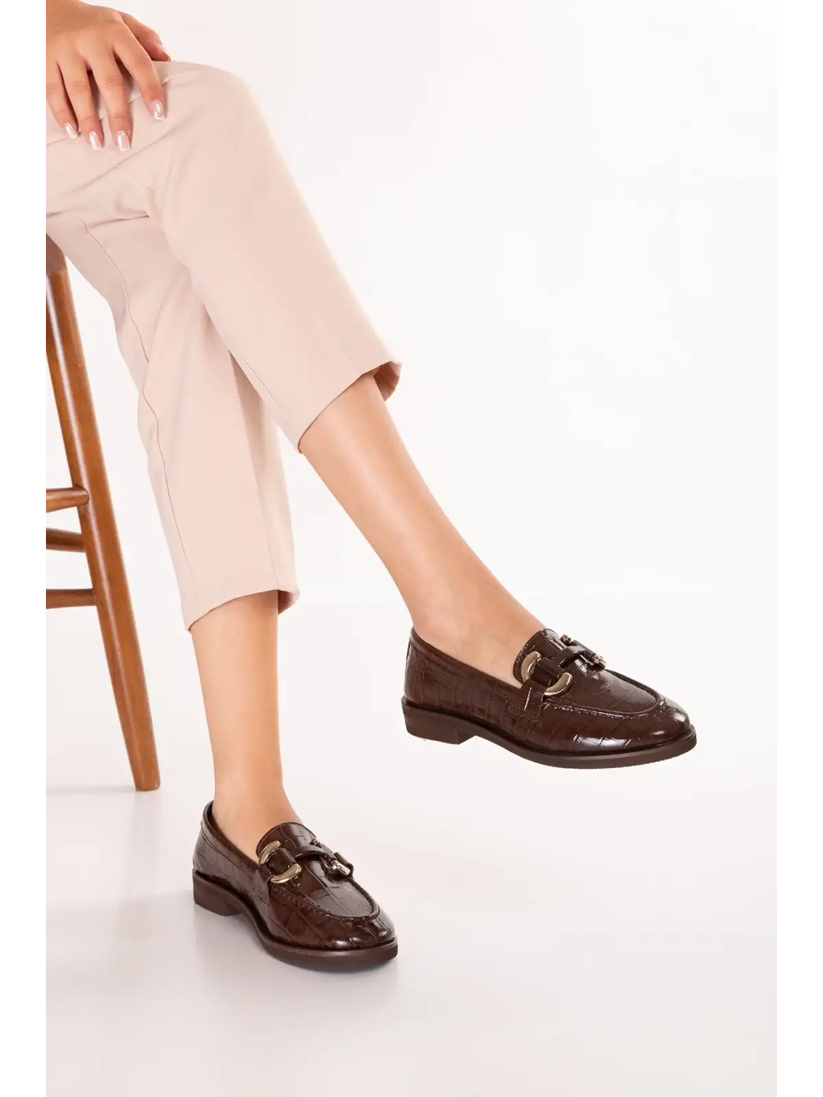 Gondol Kadın Hakiki Deri Tokalı Loafer Ayakkabı crm.181 Kahve Croco