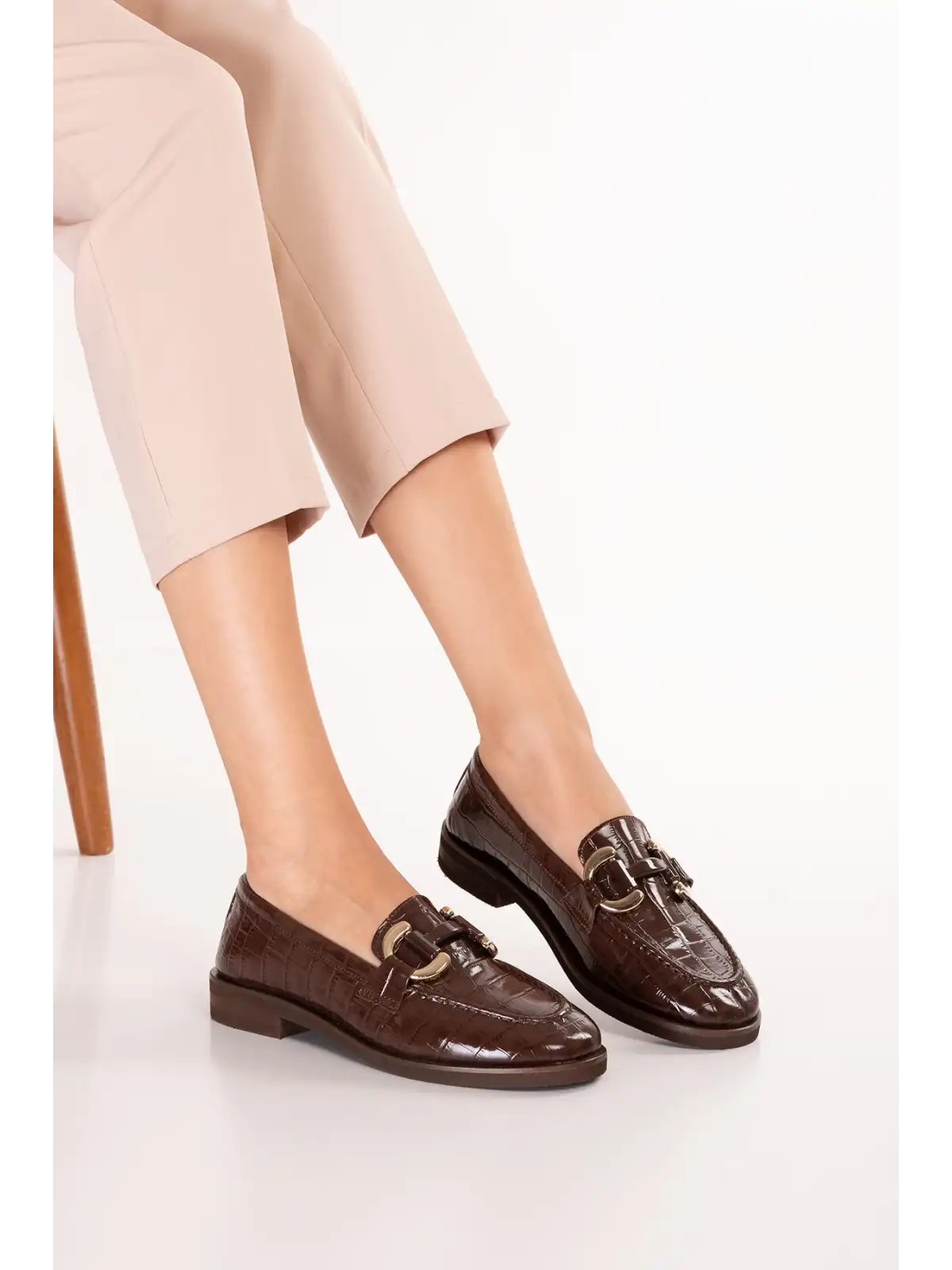 Gondol Kadın Hakiki Deri Tokalı Loafer Ayakkabı crm.181 Kahve Croco