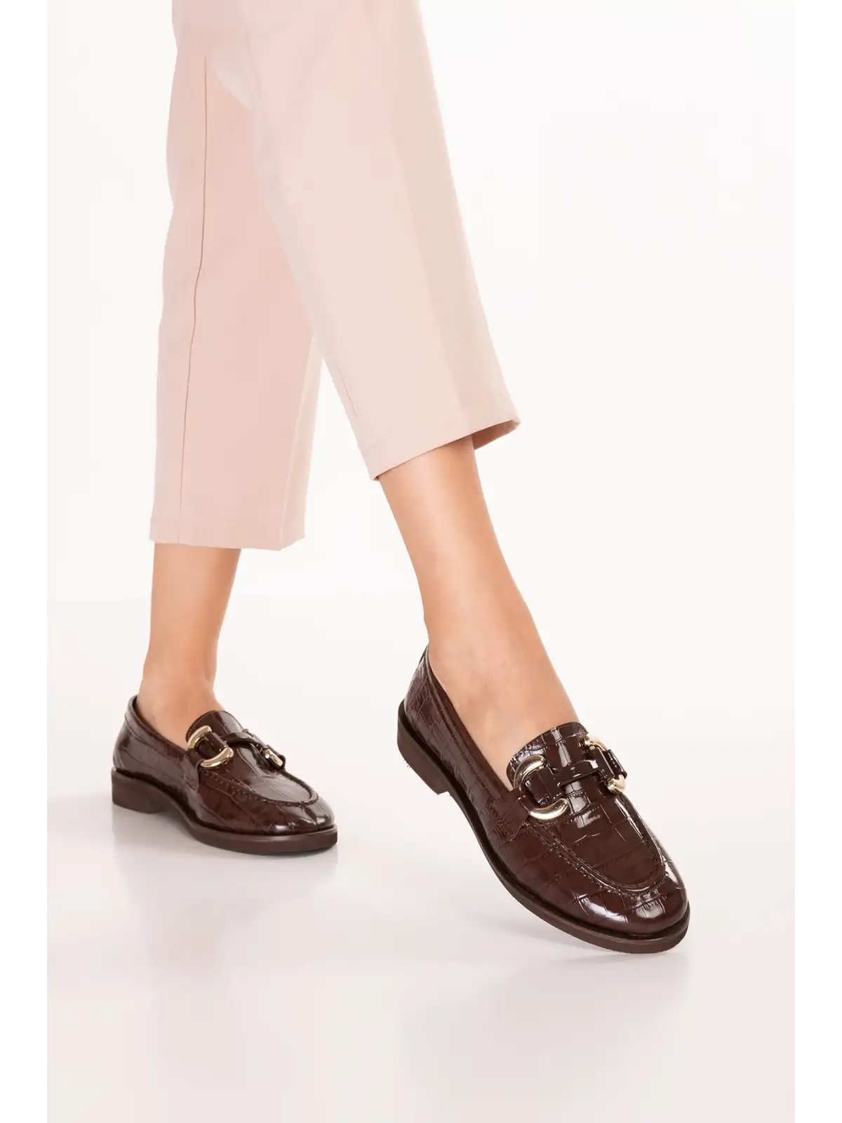 Gondol Kadın Hakiki Deri Tokalı Loafer Ayakkabı crm.181 Kahve Croco