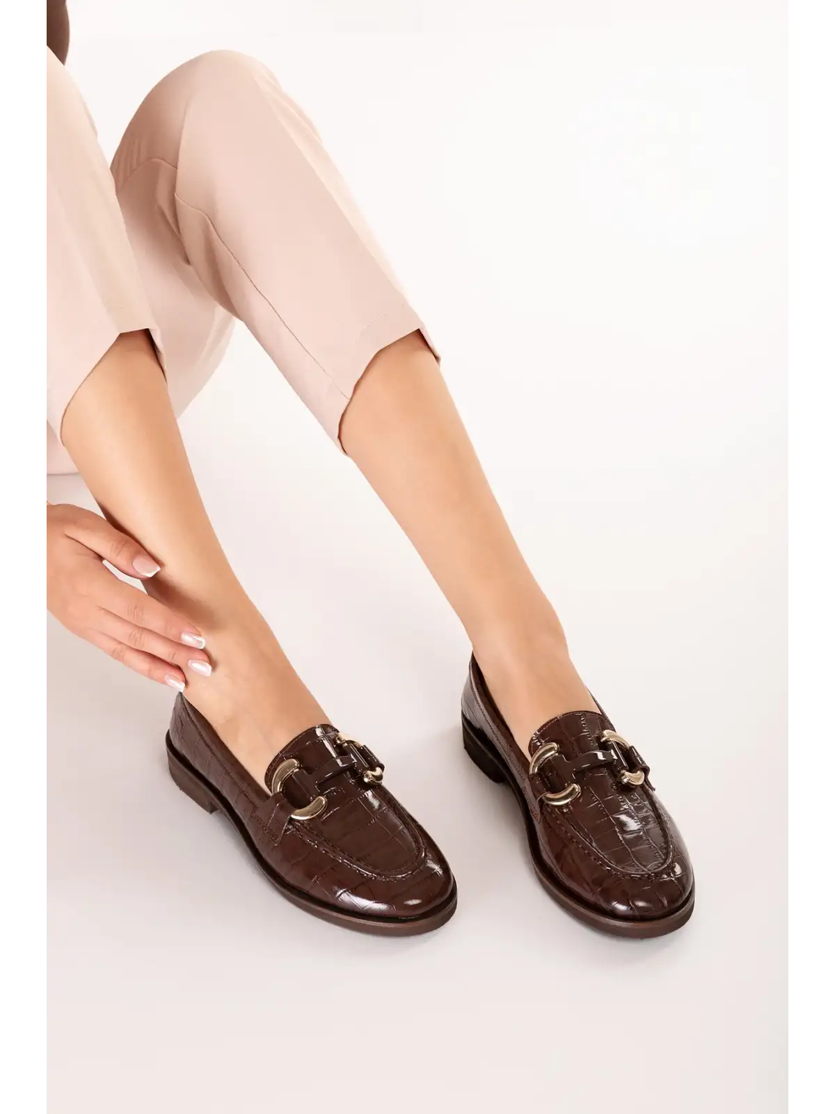 Gondol Kadın Hakiki Deri Tokalı Loafer Ayakkabı crm.181 Kahve Croco