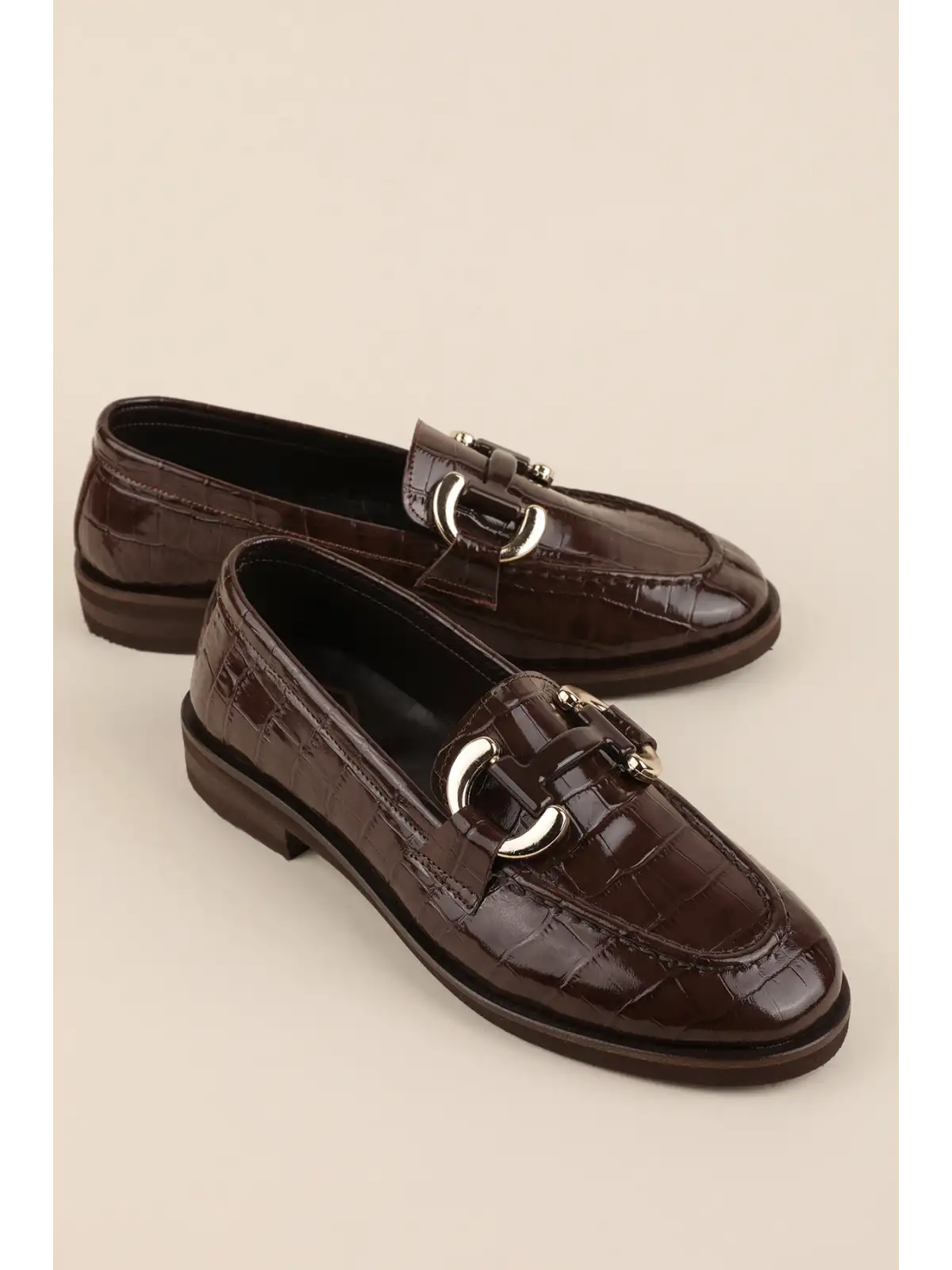 Gondol Kadın Hakiki Deri Tokalı Loafer Ayakkabı crm.181 Kahve Croco