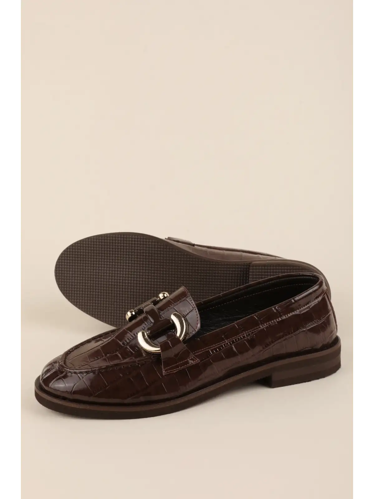 Gondol Kadın Hakiki Deri Tokalı Loafer Ayakkabı crm.181 Kahve Croco