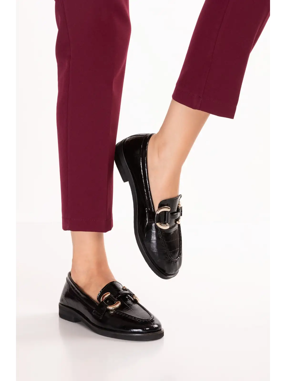 Gondol Kadın Hakiki Deri Tokalı Loafer Ayakkabı crm.181 Siyah Croco