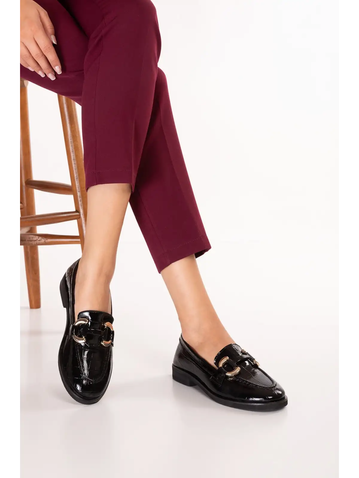 Gondol Kadın Hakiki Deri Tokalı Loafer Ayakkabı crm.181 Siyah Croco