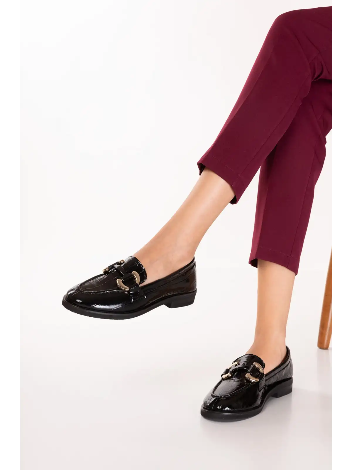 Gondol Kadın Hakiki Deri Tokalı Loafer Ayakkabı crm.181 Siyah Croco