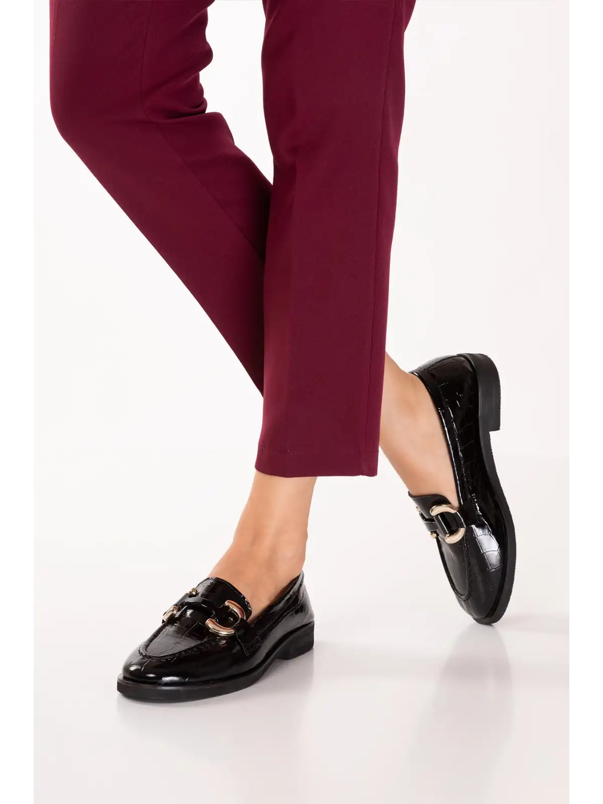 Gondol Kadın Hakiki Deri Tokalı Loafer Ayakkabı crm.181 Siyah Croco