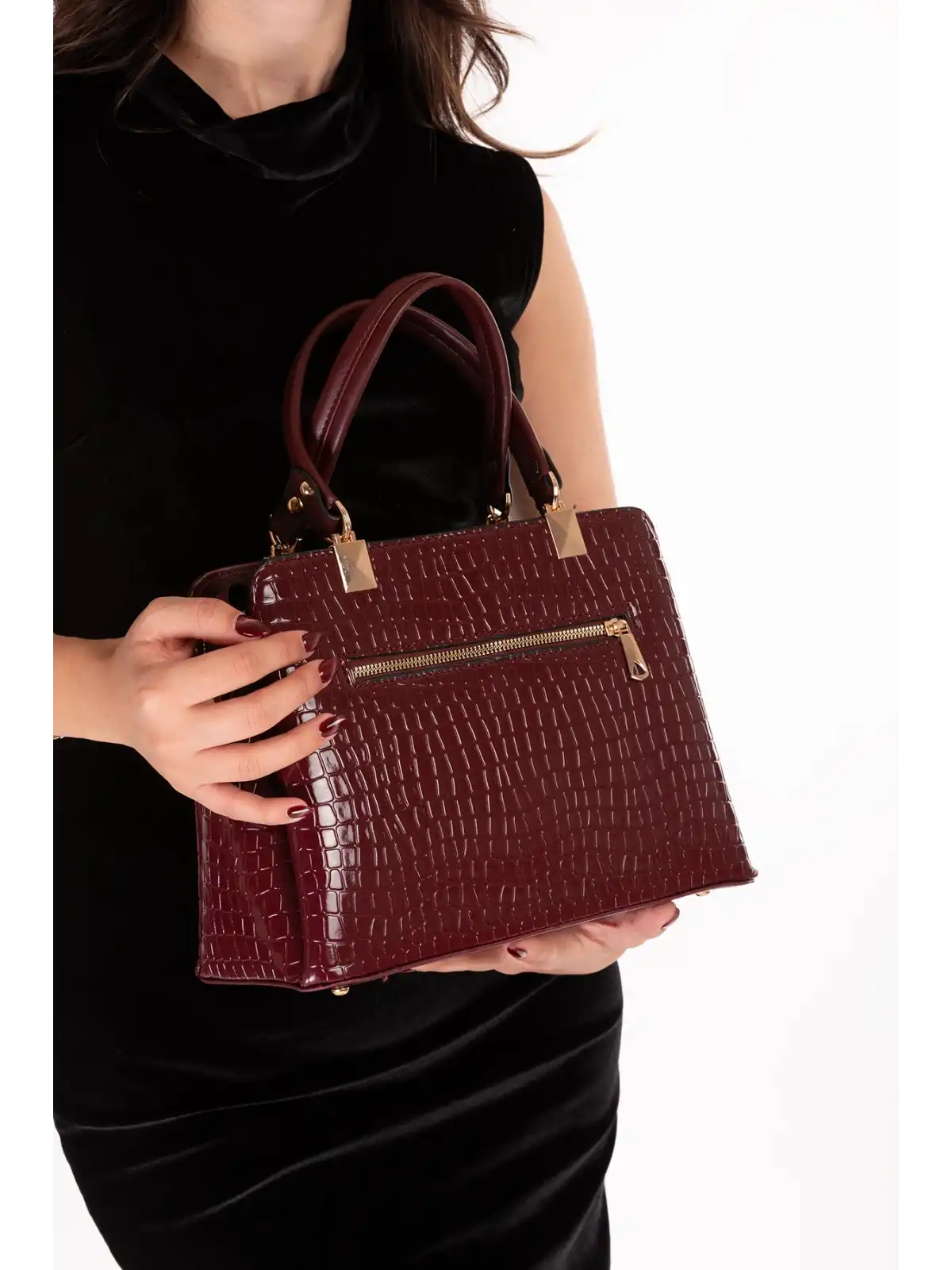Gondol Kadın Çift Bölmeli El ve Omuz Çantası ald.3822 Bordo Croco