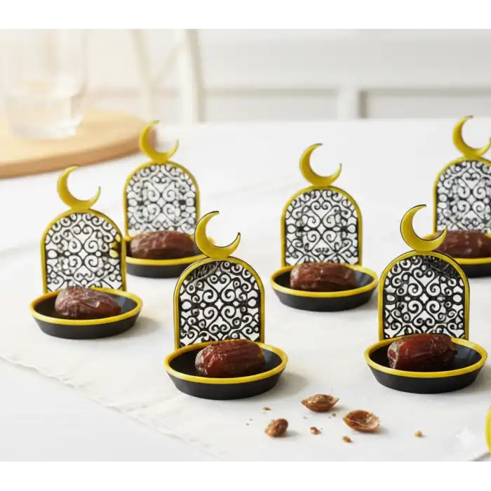 6lı Lüks Hilal Detaylı Hurmalık Seti Siyah İftar Sofrası Sunumluk