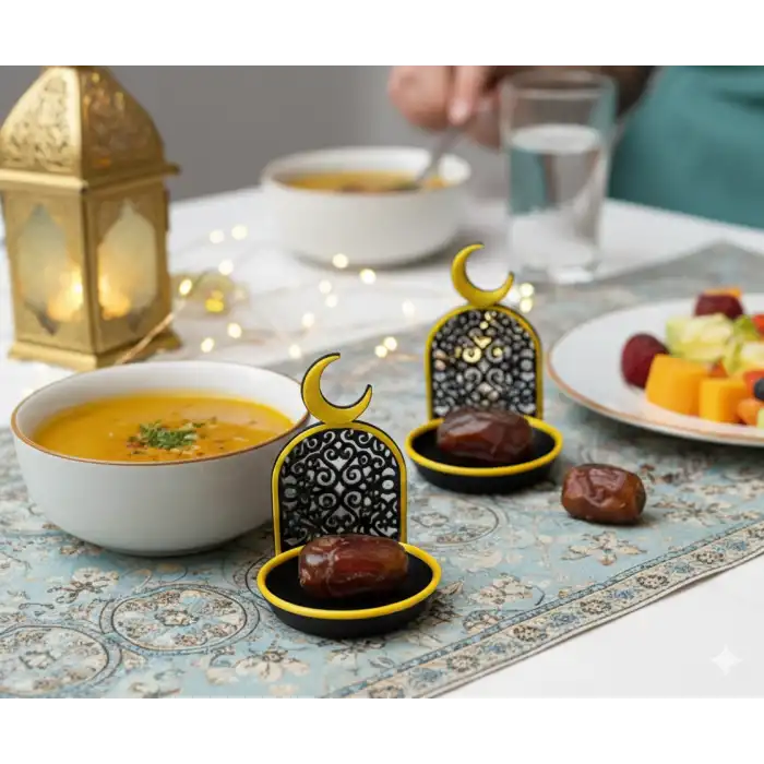 6lı Lüks Hilal Detaylı Hurmalık Seti Siyah İftar Sofrası Sunumluk