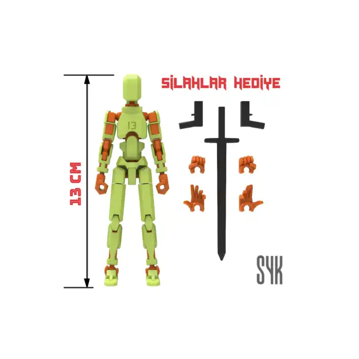 Robot 13 Dummy Fıstık Yeşil Turuncu Tüm Eklemleri Hareketli Aksiyon Figürü Oyuncak