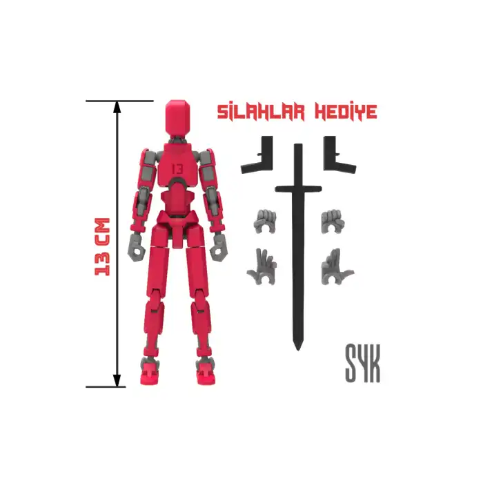 Robot 13 Dummy Kırmızı Gri Tüm Eklemleri Hareketli Aksiyon Figürü Oyuncak