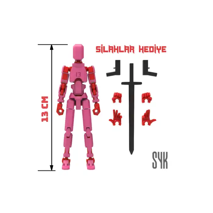 Robot 13 Dummy Pembe Kırmızı Tüm Eklemleri Hareketli Aksiyon Figürü Oyuncak