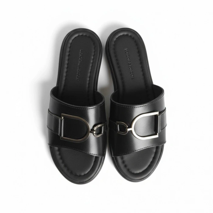 EFW %100 Hakiki Deri Siyah Toka Detaylı Kadın Terlik