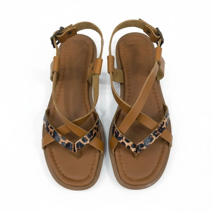 EFW %100 Hakiki Deri Leopar Detaylı Parmak Arası Kadın Sandalet