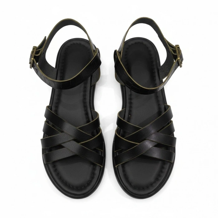 EFW %100 Hakiki Deri Siyah Çapraz Kadın Sandalet