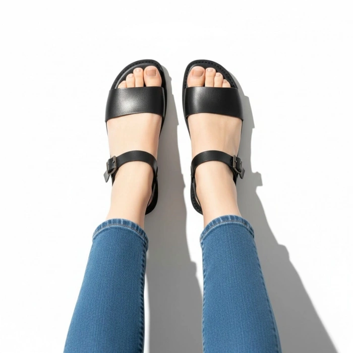 EFW %100 Hakiki Deri Siyah Kalın Tek Bant Kadın Sandalet