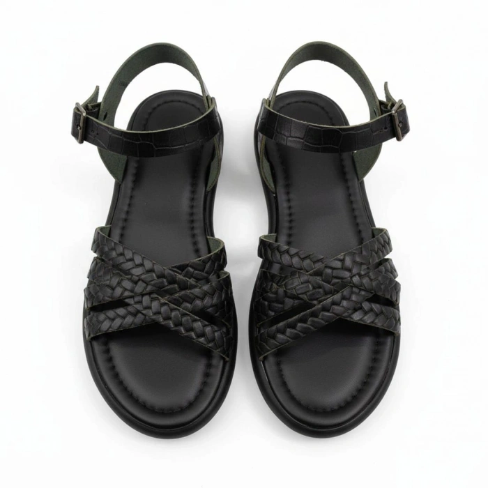 EFW %100 Hakiki Deri Siyah Önü Örgü Sandalet