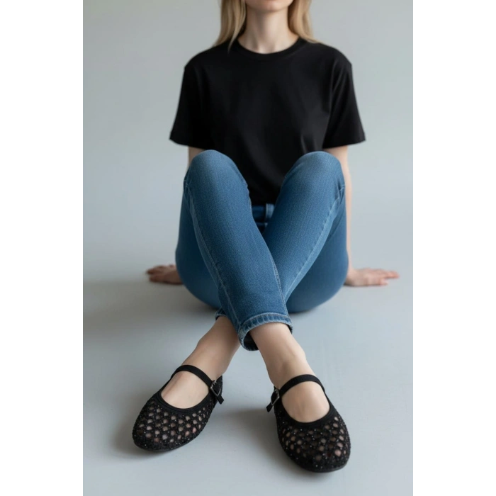 EFW Siyah Kadın Taşlı Babet