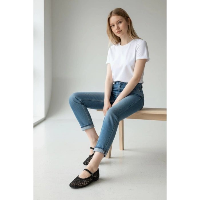 EFW Siyah Kadın Taşlı Babet