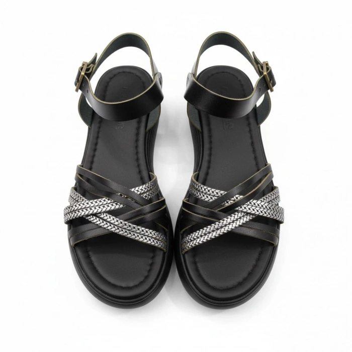 EFW %100 Deri Siyah Gümüş Detaylı Çapraz Kadın Sandalet