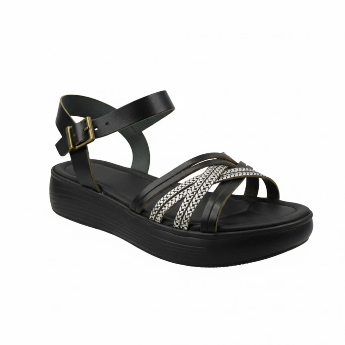 EFW %100 Deri Siyah Gümüş Detaylı Çapraz Kadın Sandalet