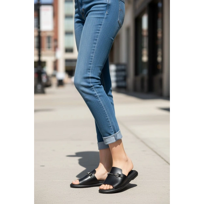 EFW %100 Hakiki Deri Siyah Kadın Günlük Terlik