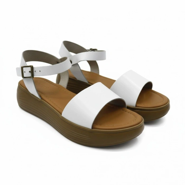 EFW %100 Hakiki Deri Beyaz Kadın Tek Bant Sandalet