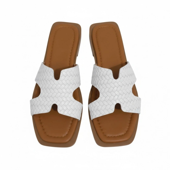 EFW %100 Hakiki Deri  Helen Düz Beyaz Terlik