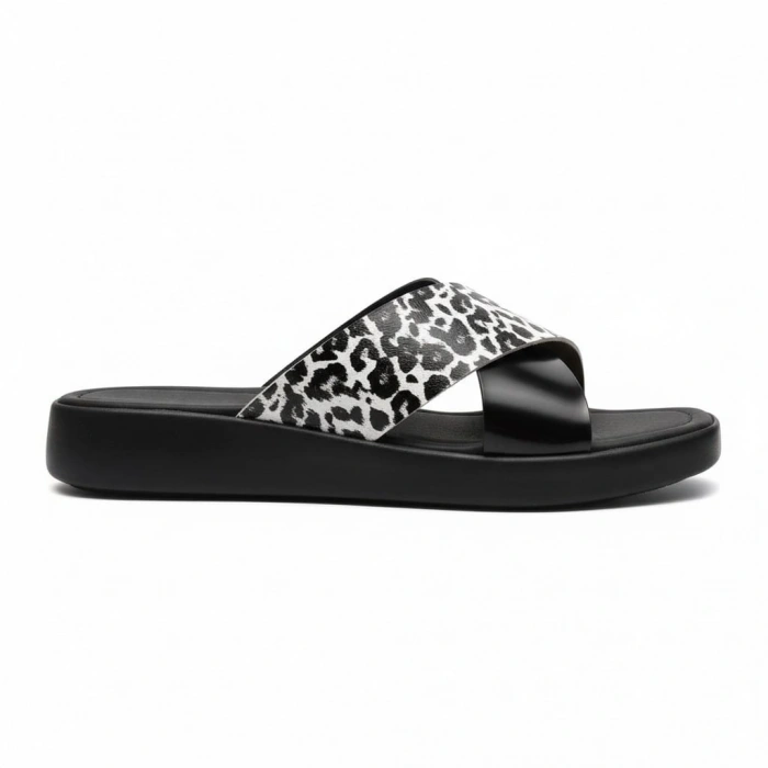 EFW %100 Hakiki Deri Çapraz Leopar Detaylı Kadın Terlik