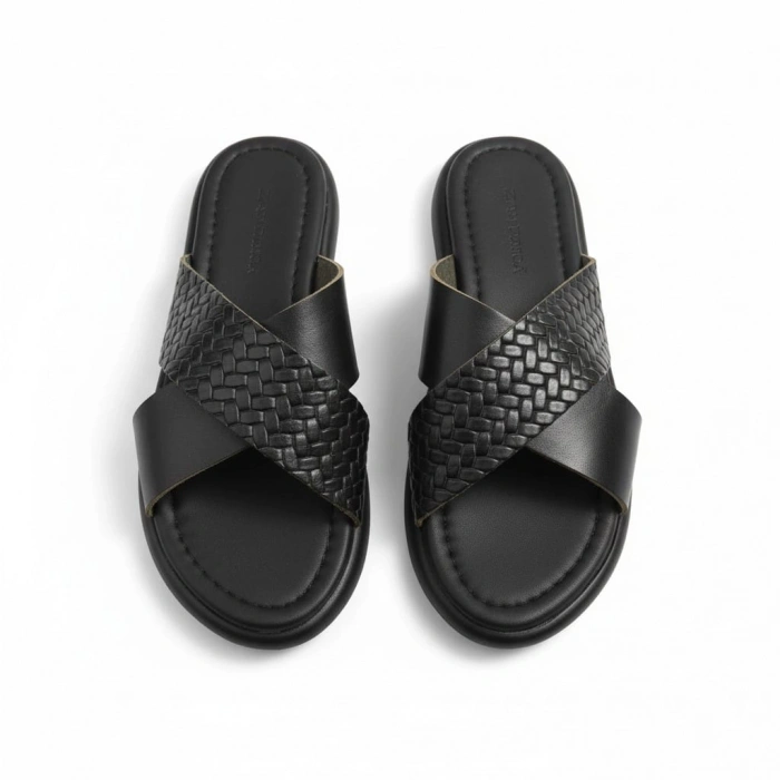 EFW %100 Hakiki Deri Siyah Çapraz Terlik